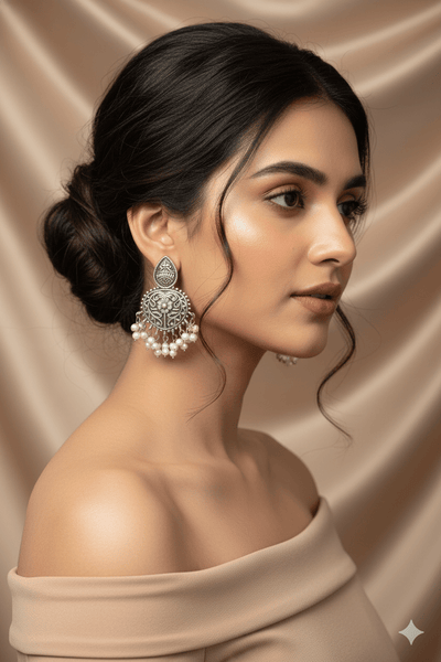 Oxidised German Silver Floral Earrings with Pearl Drops - Maxiblink