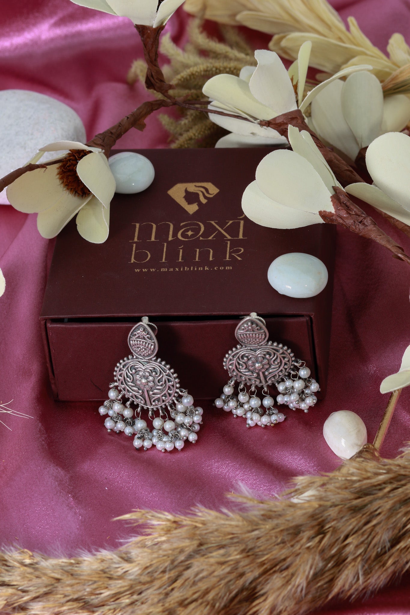 Oxidised German Silver Floral Earrings with Pearl Drops - Maxiblink