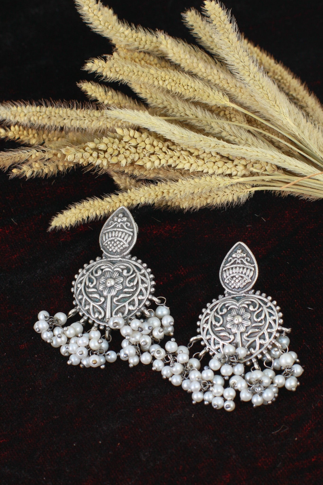 Oxidised German Silver Floral Earrings with Pearl Drops - Maxiblink