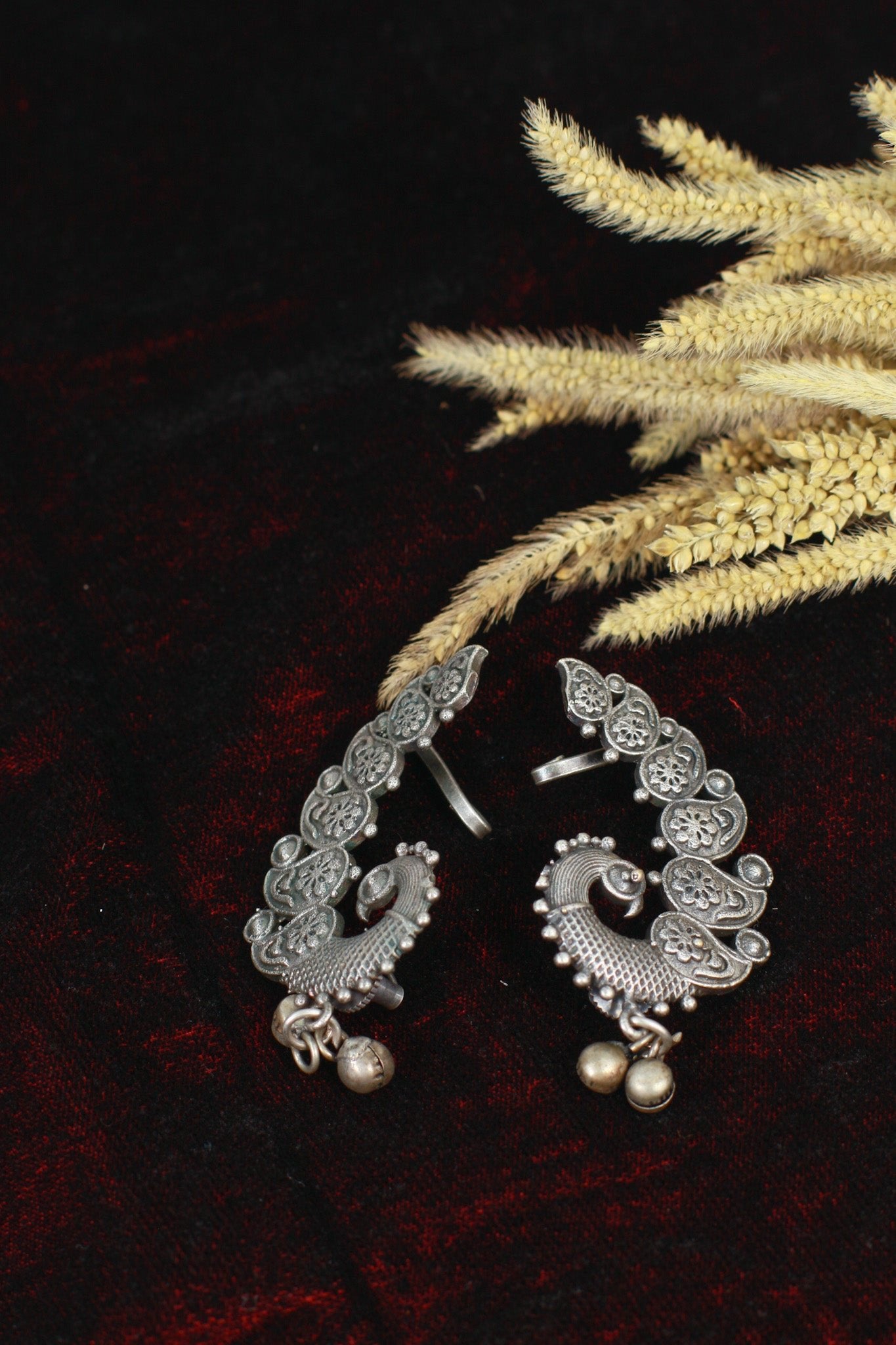 Oxidised German Silver Floral Peacock Earrings - Maxiblink