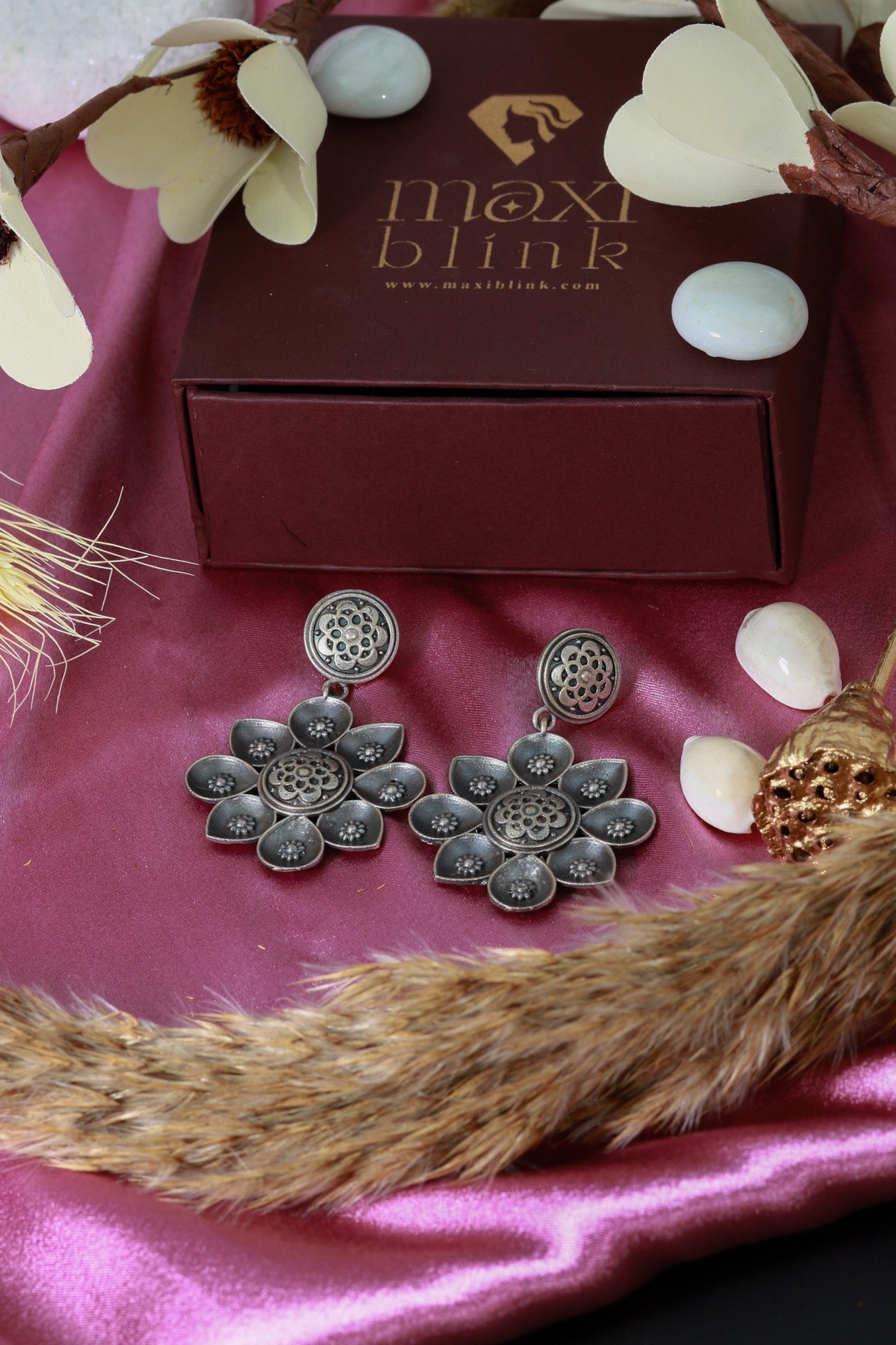 Oxidised German Silver Floral Statement Earrings - Maxiblink