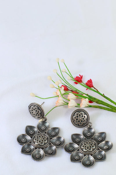 Oxidised German Silver Floral Statement Earrings - Maxiblink