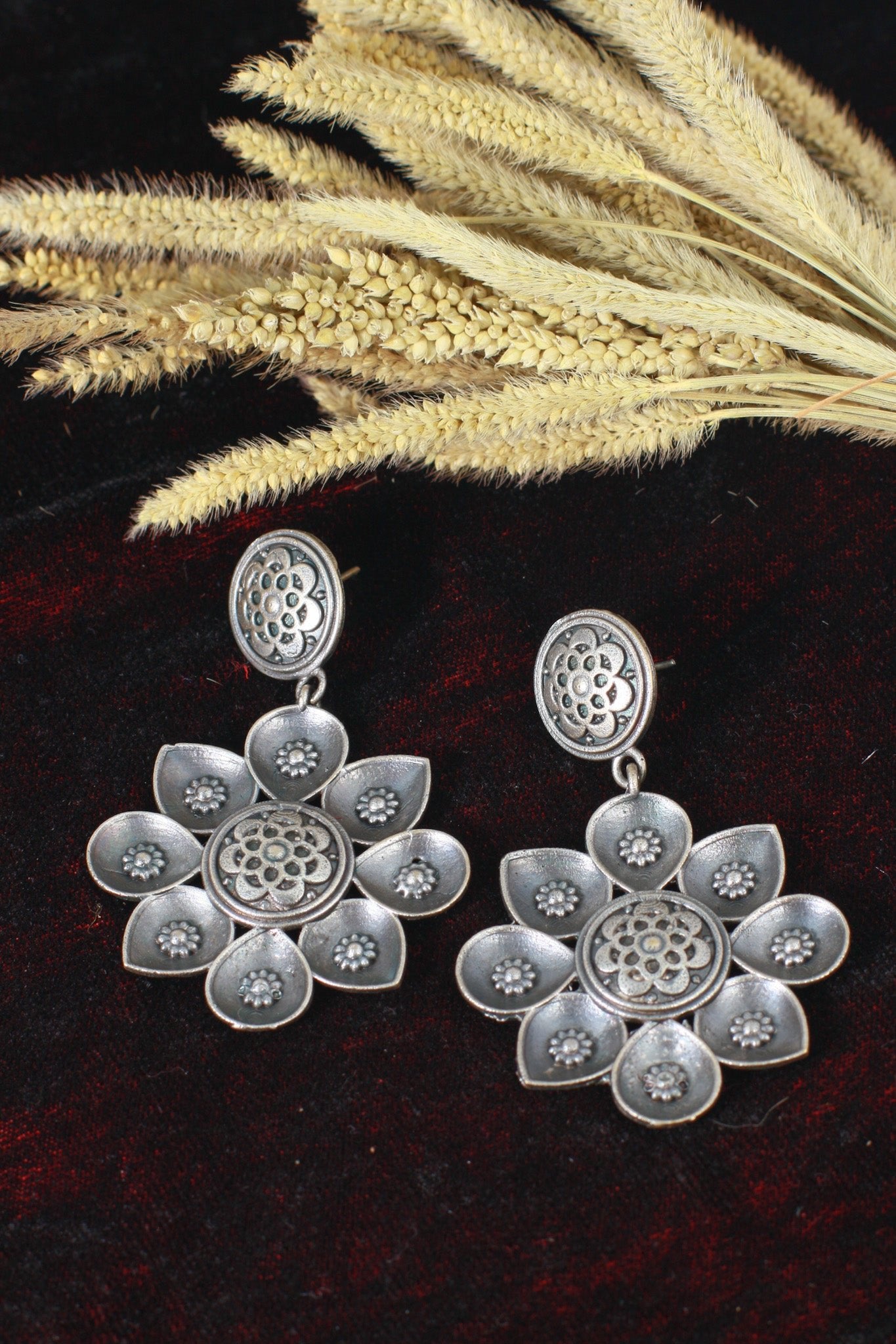 Oxidised German Silver Floral Statement Earrings - Maxiblink