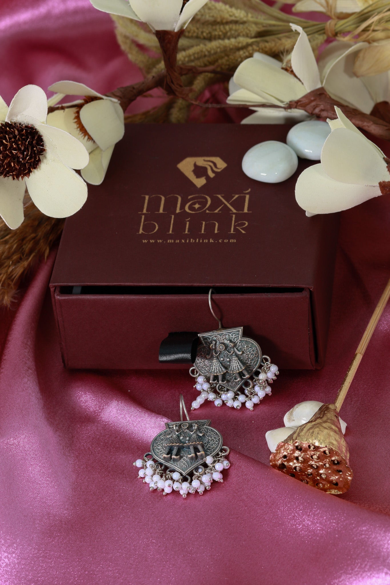 Oxidised German Silver Folk Dancer Earrings with Pearl Drops - Maxiblink