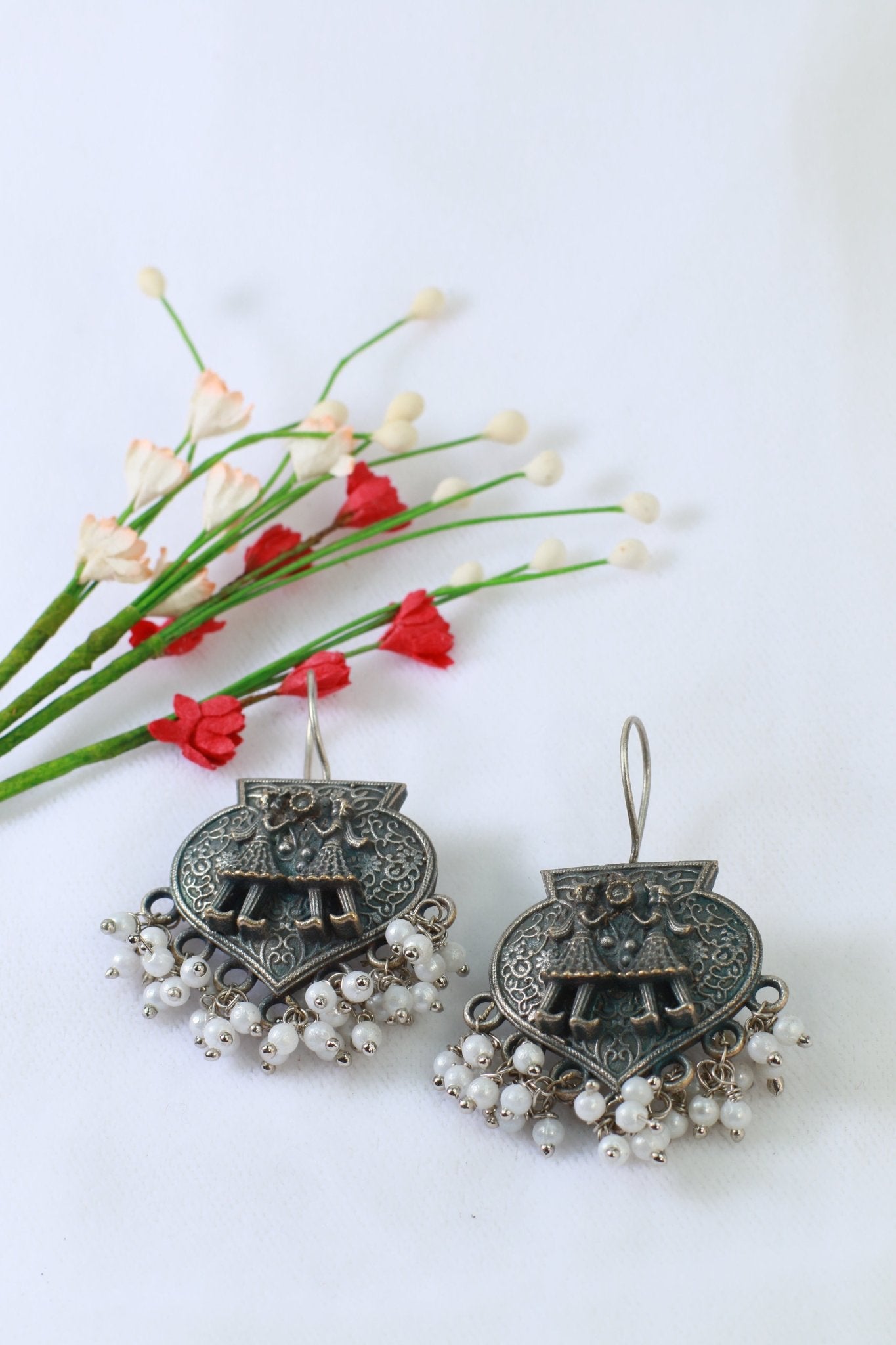 Oxidised German Silver Folk Dancer Earrings with Pearl Drops - Maxiblink