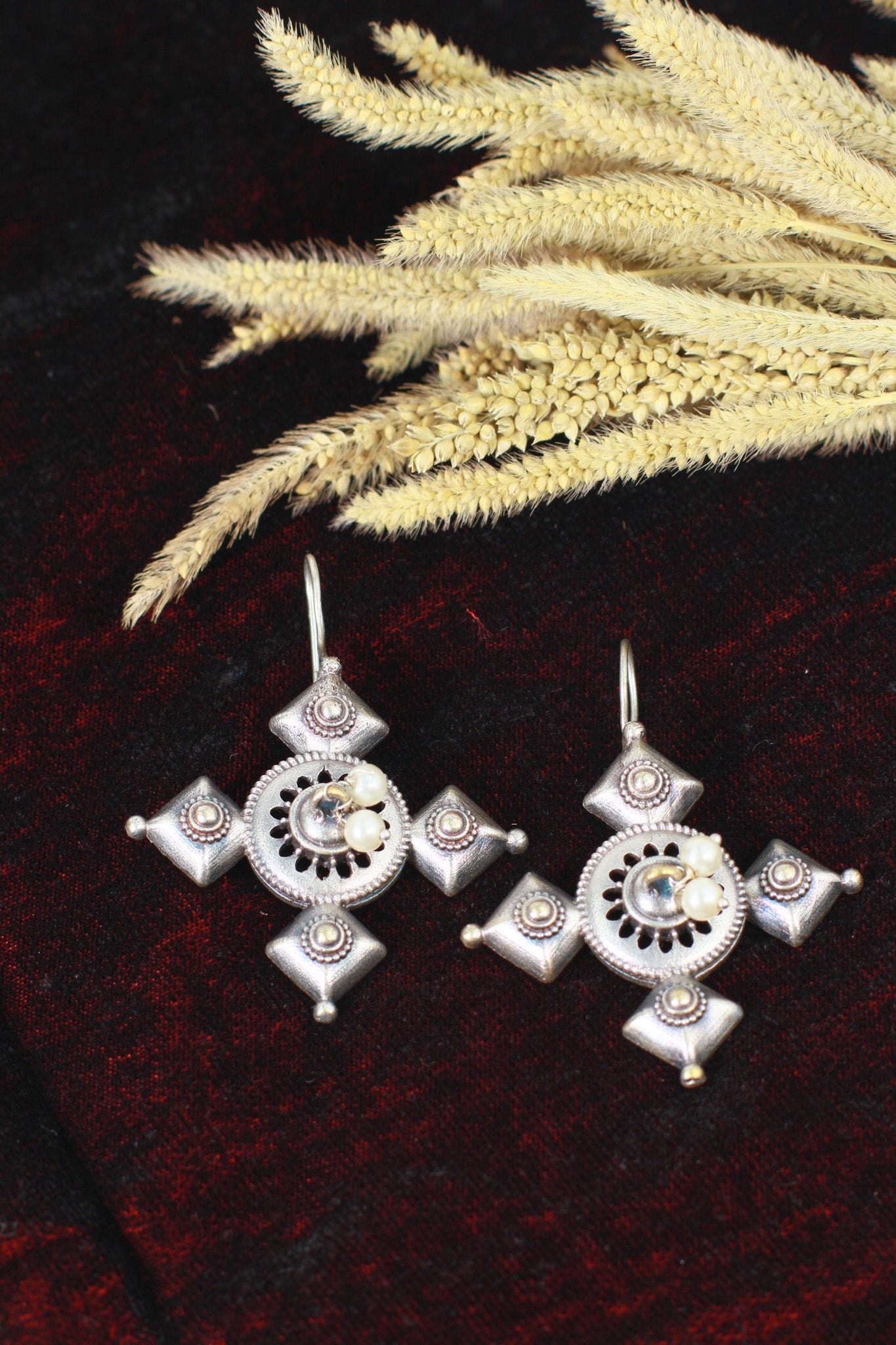 Oxidised German Silver Geometric Cross Drop Earrings with Pearls - Maxiblink