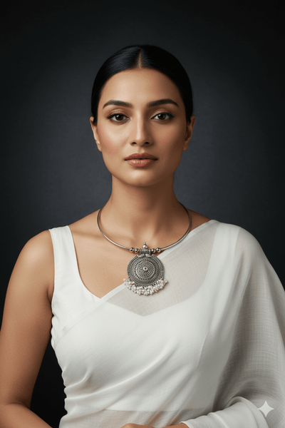 Oxidised German Silver Hansli Necklace with Circular Filigree Pendant - Maxiblink