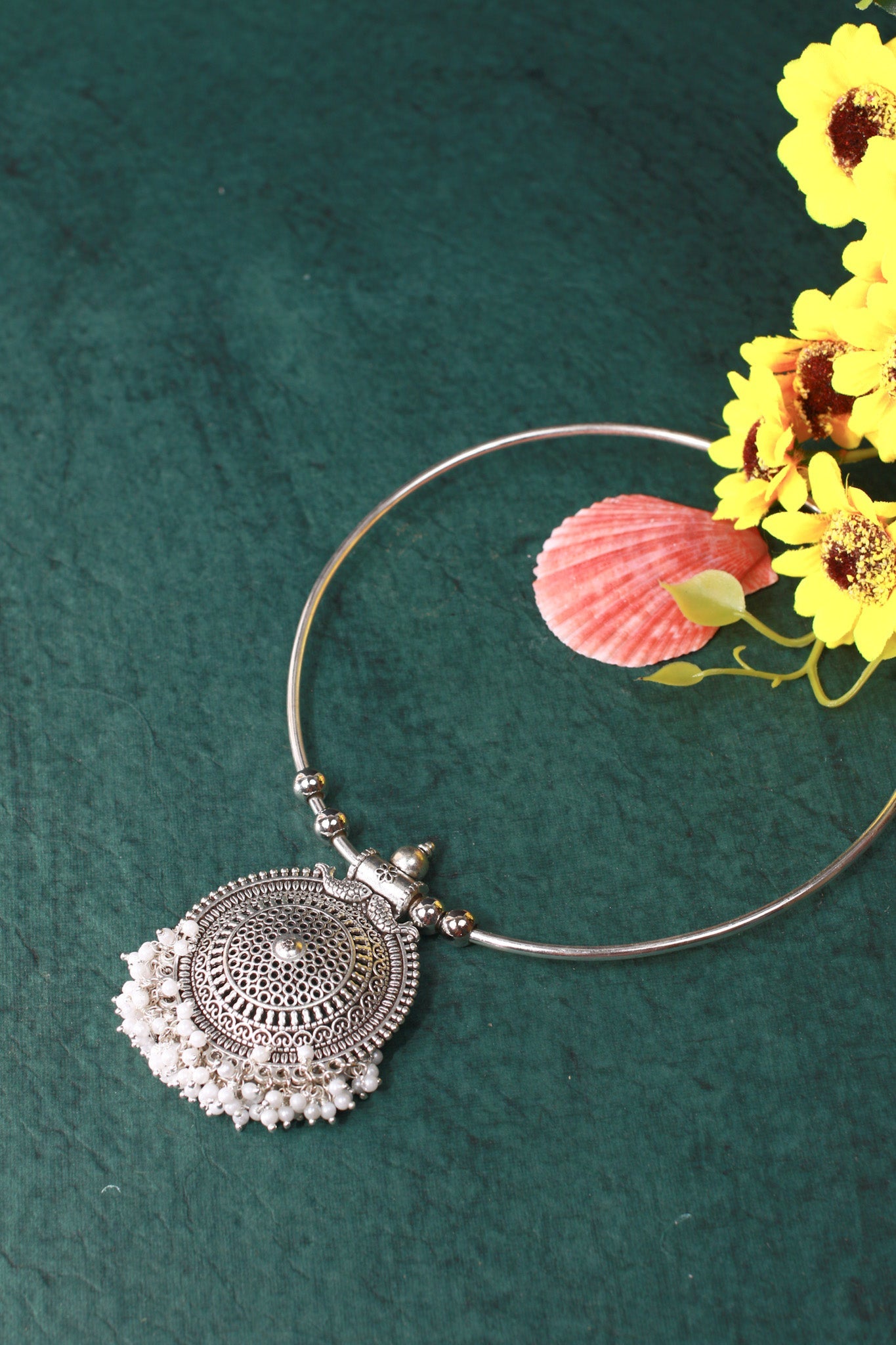 Oxidised German Silver Hansli Necklace with Circular Filigree Pendant - Maxiblink