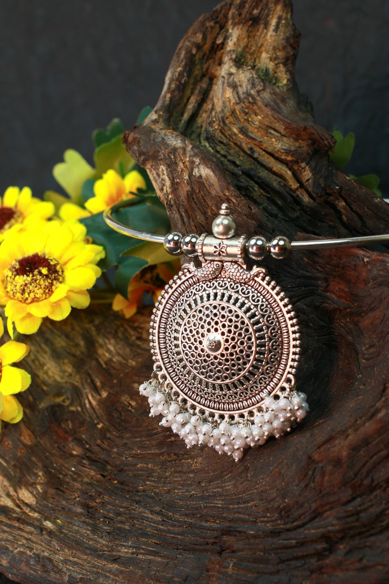 Oxidised German Silver Hansli Necklace with Circular Filigree Pendant - Maxiblink