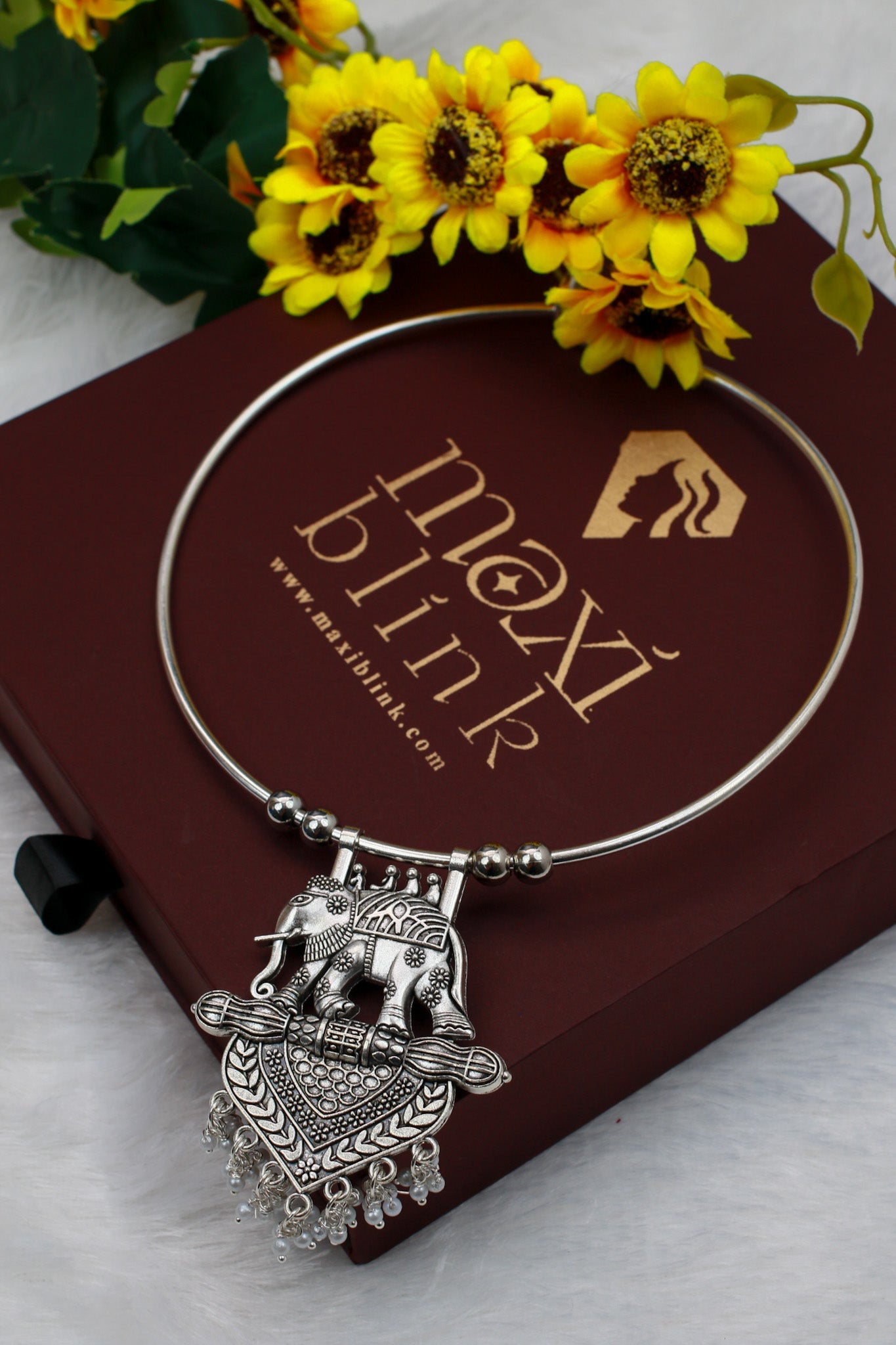 Oxidised German Silver Hansli Necklace with Elephant Motif & Heart Pendant | Antique Tribal Jewellery - Maxiblink