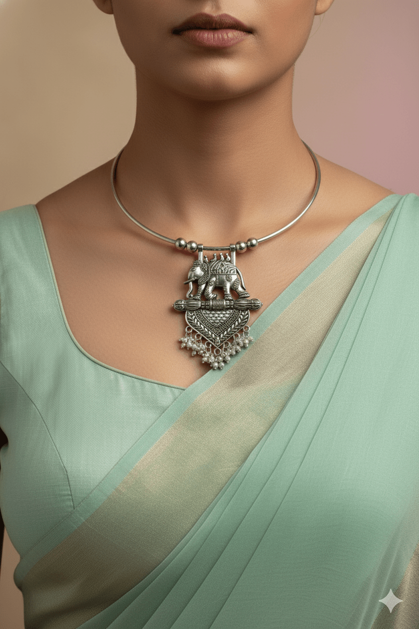 Oxidised German Silver Hansli Necklace with Elephant Motif & Heart Pendant | Antique Tribal Jewellery - Maxiblink