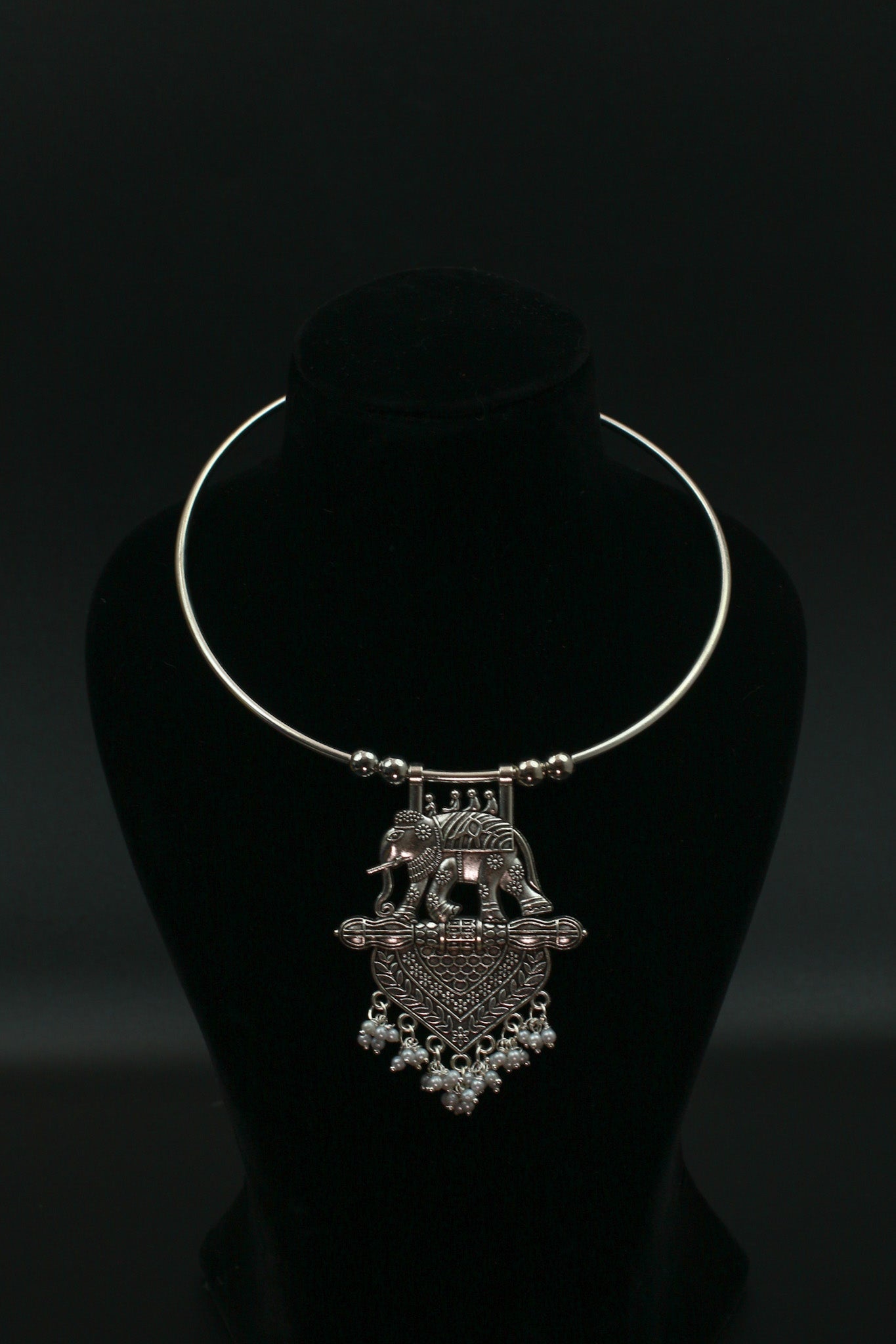 Oxidised German Silver Hansli Necklace with Elephant Motif & Heart Pendant | Antique Tribal Jewellery - Maxiblink
