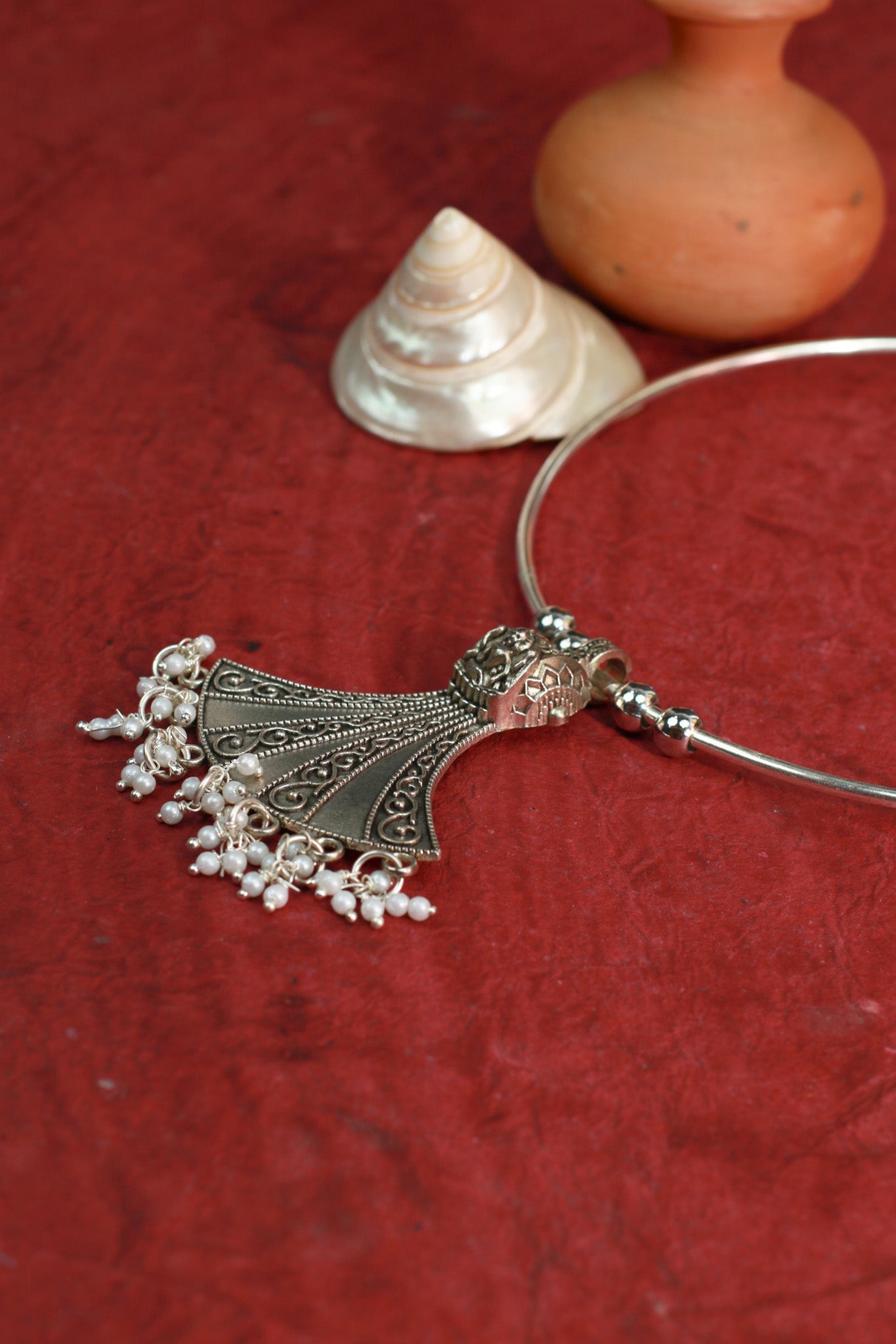 Oxidised German Silver Hansli Necklace with Fan Shape Pendant - Maxiblink