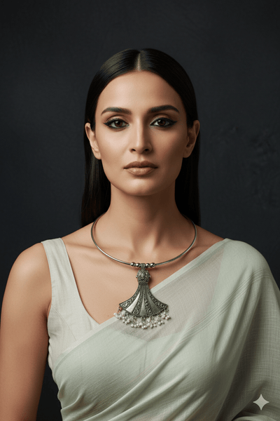 Oxidised German Silver Hansli Necklace with Fan Shape Pendant - Maxiblink