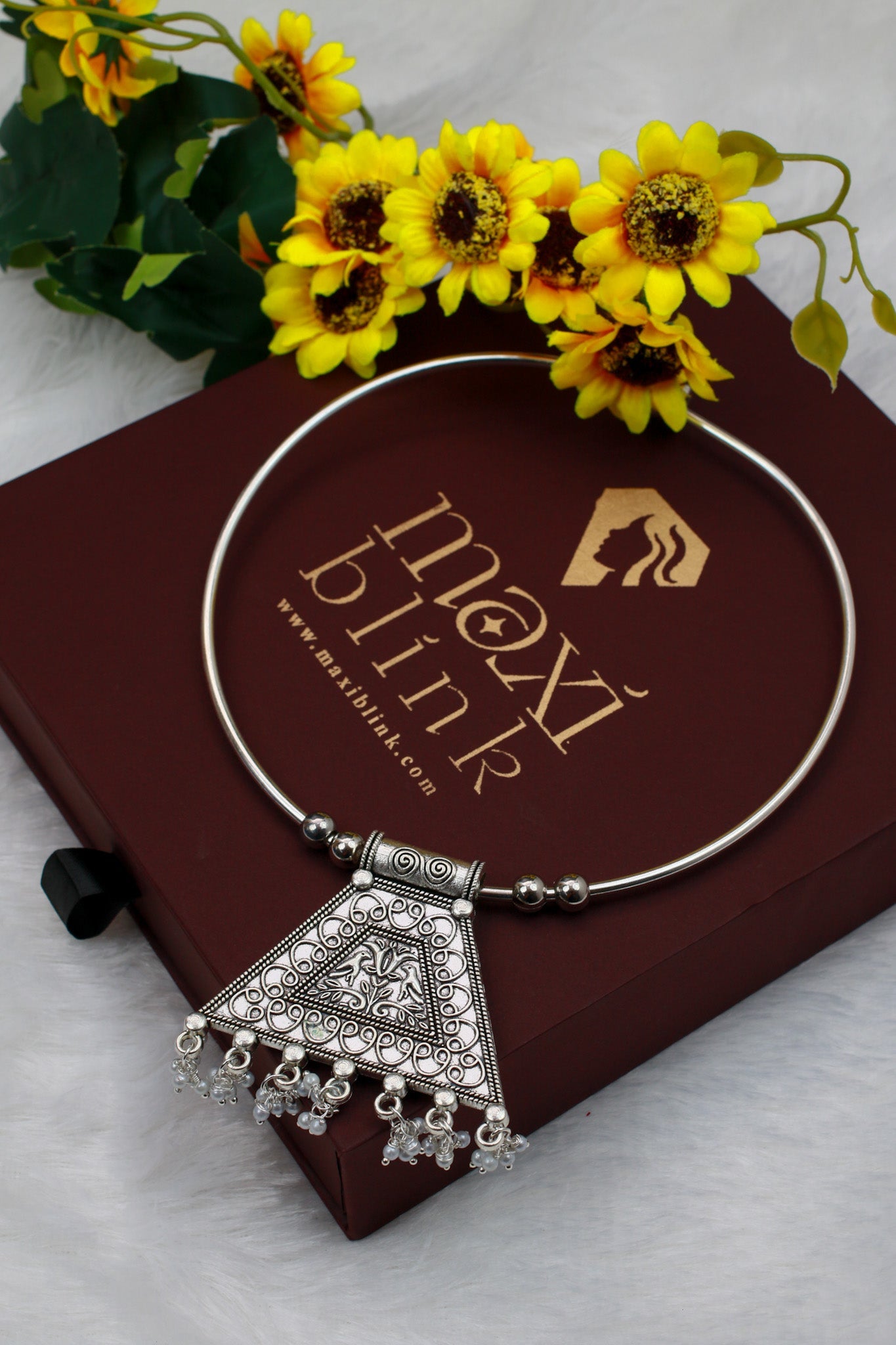 Oxidised German Silver Hansli Necklace with Filigree Triangle Pendant | Ethnic Statement Choker - Maxiblink