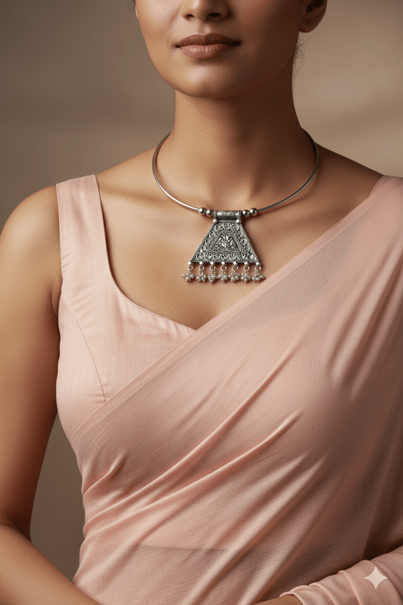 Oxidised German Silver Hansli Necklace with Filigree Triangle Pendant | Ethnic Statement Choker - Maxiblink