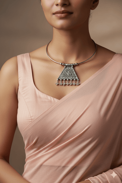 Oxidised German Silver Hansli Necklace with Filigree Triangle Pendant | Ethnic Statement Choker - Maxiblink