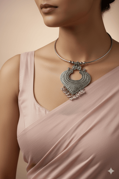 Oxidised German Silver Hansli Necklace with Heart Motif & Ghungroo Drops | Tribal Statement Choker - Maxiblink