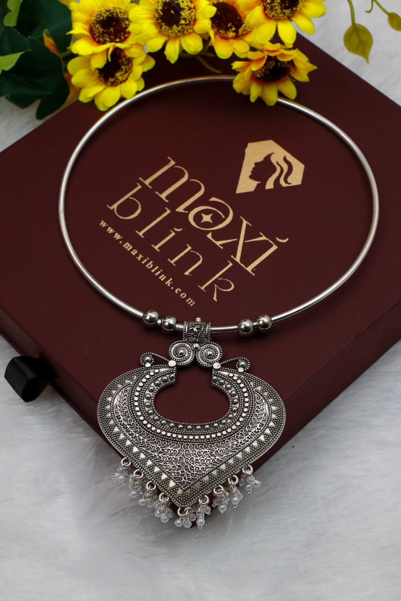 Oxidised German Silver Hansli Necklace with Heart Motif & Ghungroo Drops | Tribal Statement Choker - Maxiblink