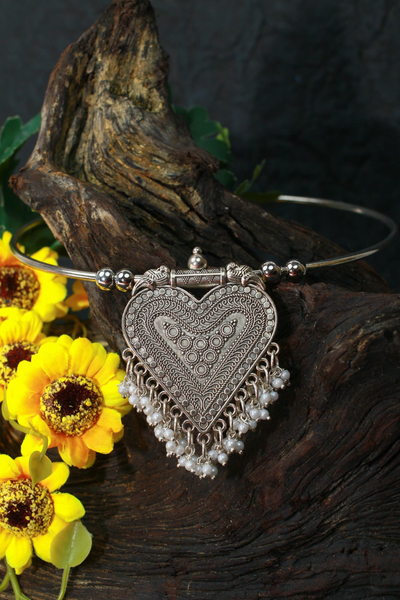 Oxidised German Silver Hansli Necklace with Heart Shaped Pendant - Maxiblink