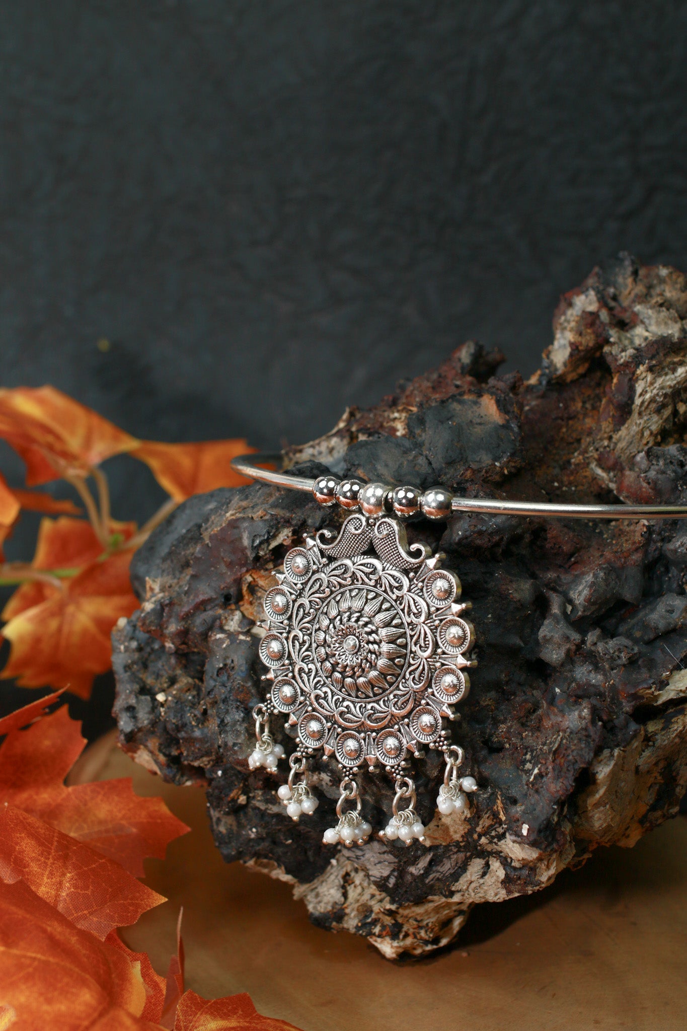 Oxidised German Silver Hansli Necklace with Ornate Floral Disc Pendant - Maxiblink