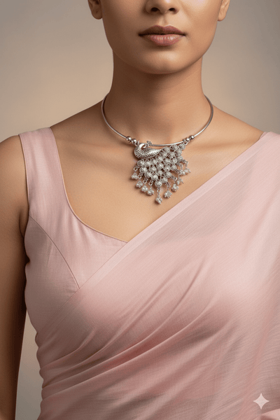 Oxidised German Silver Hansli Necklace with Peacock Motif & Jhumka Drops | Festive Statement Choker - Maxiblink