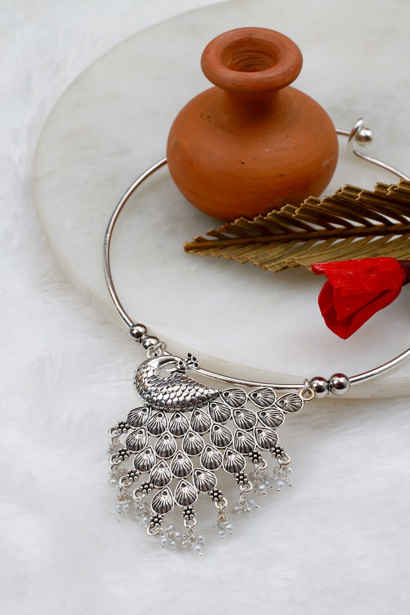Oxidised German Silver Hansli Necklace with Peacock Motif & Jhumka Drops | Festive Statement Choker - Maxiblink