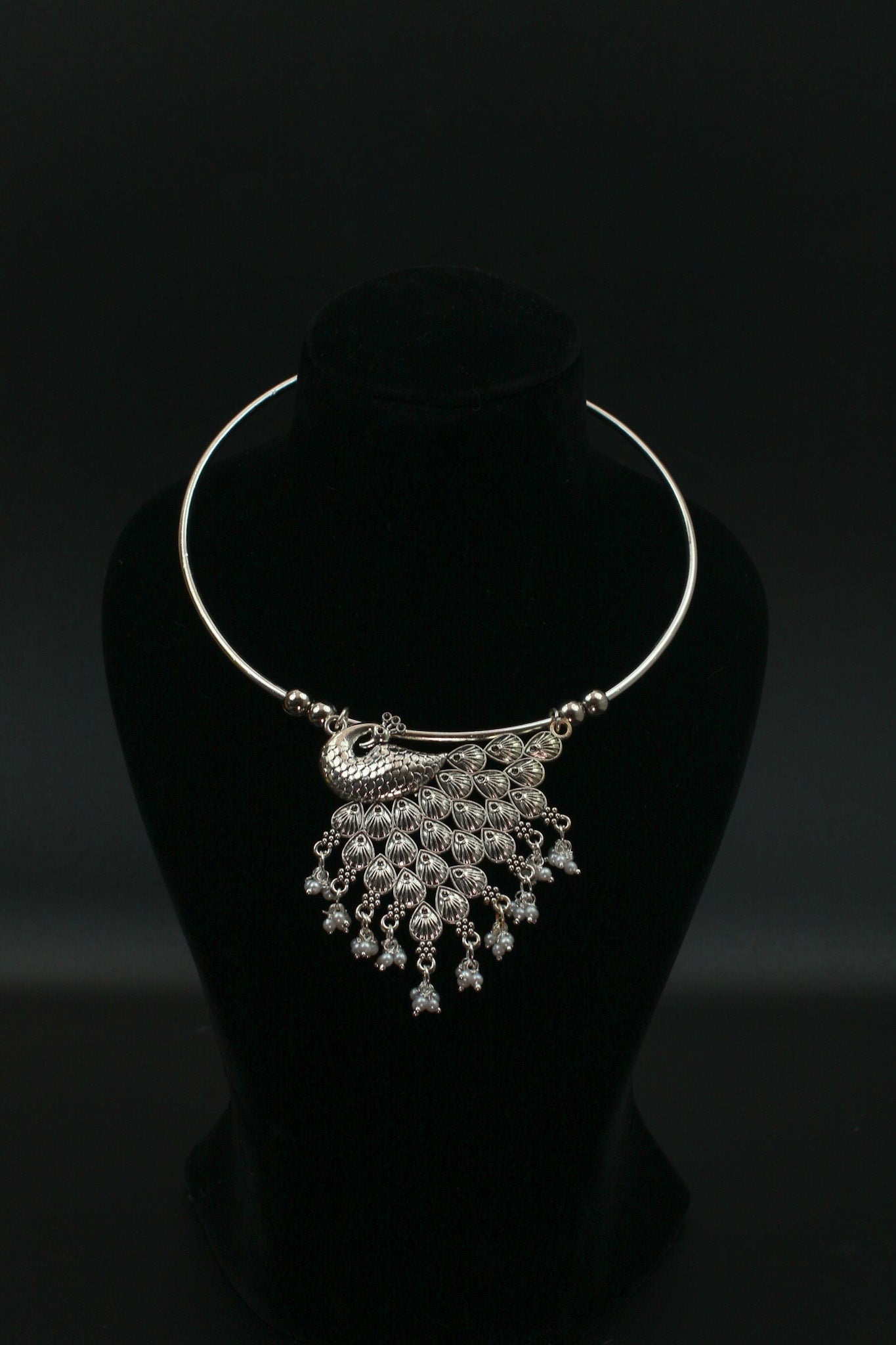 Oxidised German Silver Hansli Necklace with Peacock Motif & Jhumka Drops | Festive Statement Choker - Maxiblink