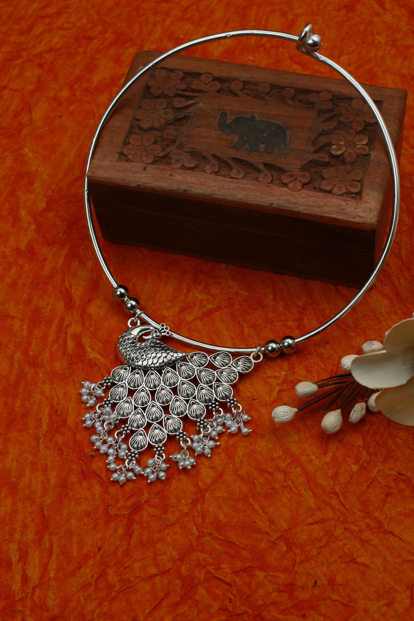 Oxidised German Silver Hansli Necklace with Peacock Motif & Jhumka Drops | Festive Statement Choker - Maxiblink