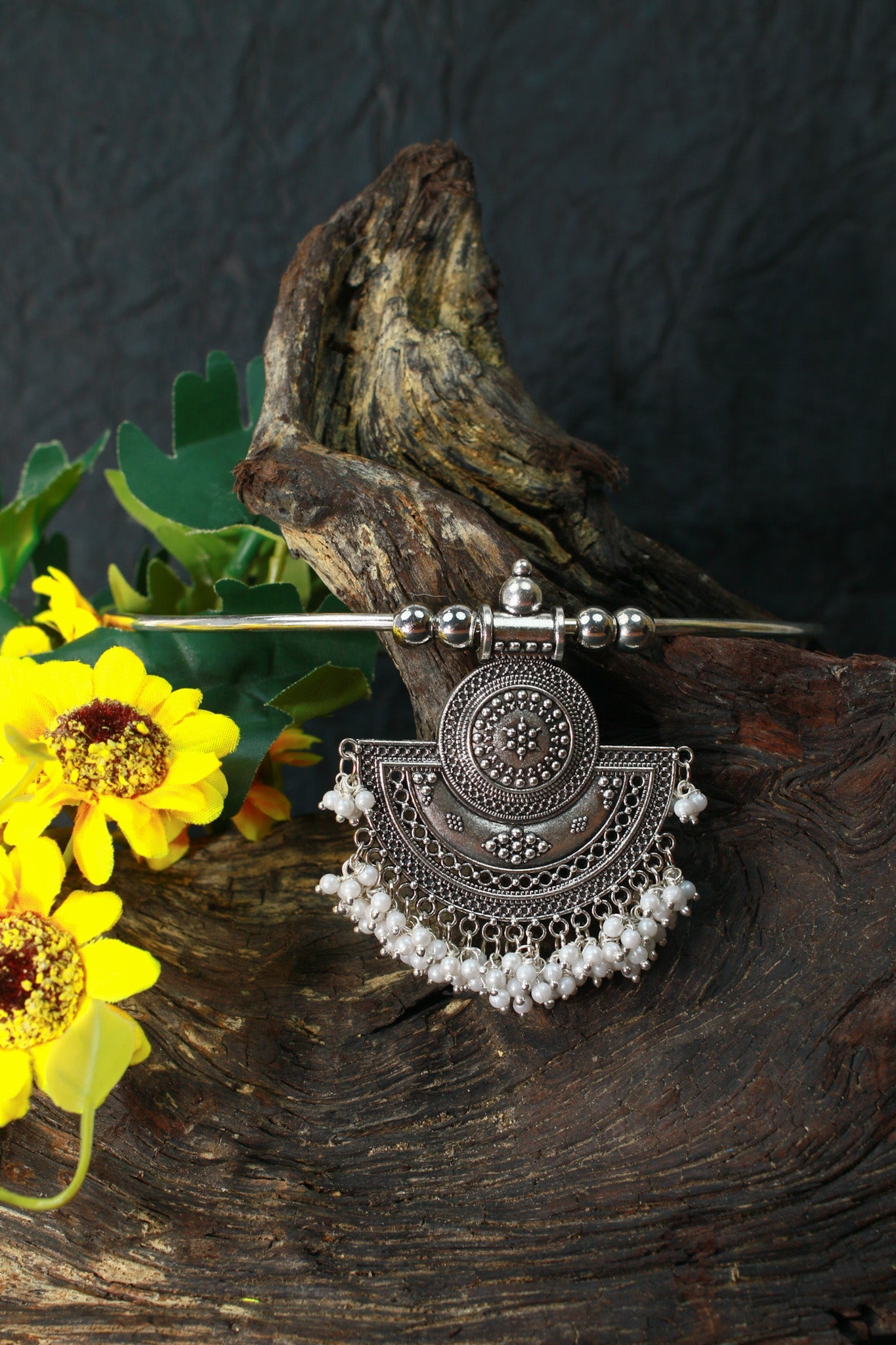 Oxidised German Silver Hansli Necklace with Semi - Circle Pendant - Maxiblink
