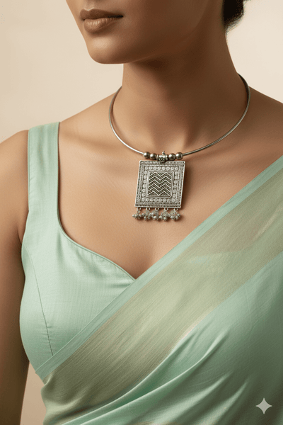Oxidised German Silver Hansli Necklace with Square Tribal Pendant | Boho Statement Jewellery - Maxiblink