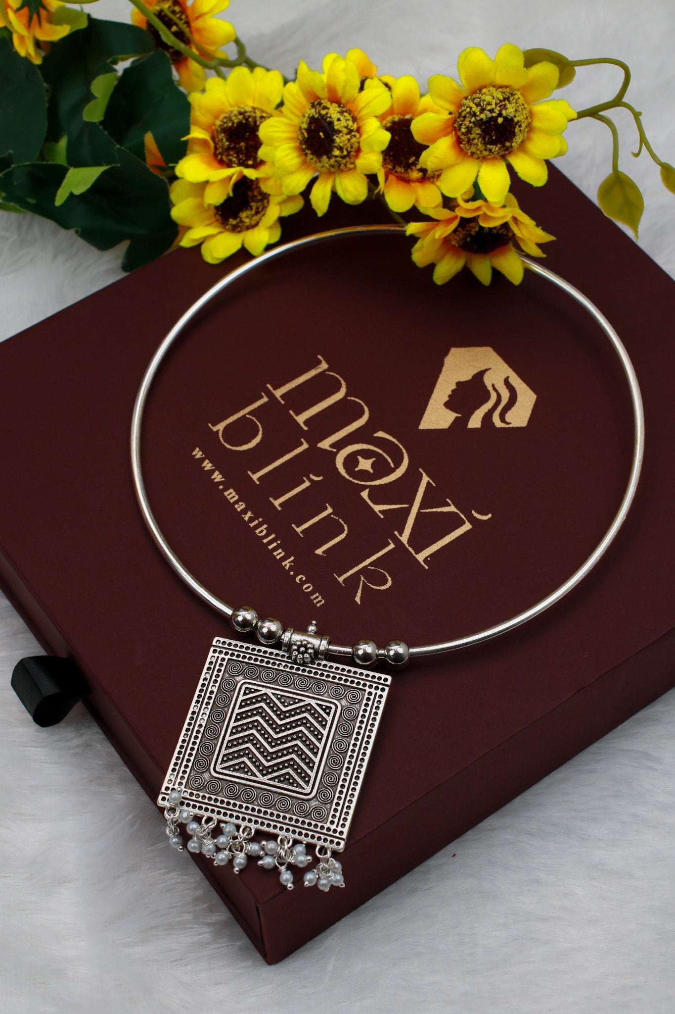 Oxidised German Silver Hansli Necklace with Square Tribal Pendant | Boho Statement Jewellery - Maxiblink