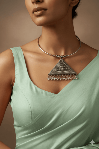 Oxidised German Silver Hansli Necklace with Triangle Mandala Design | Antique Tribal Choker - Maxiblink