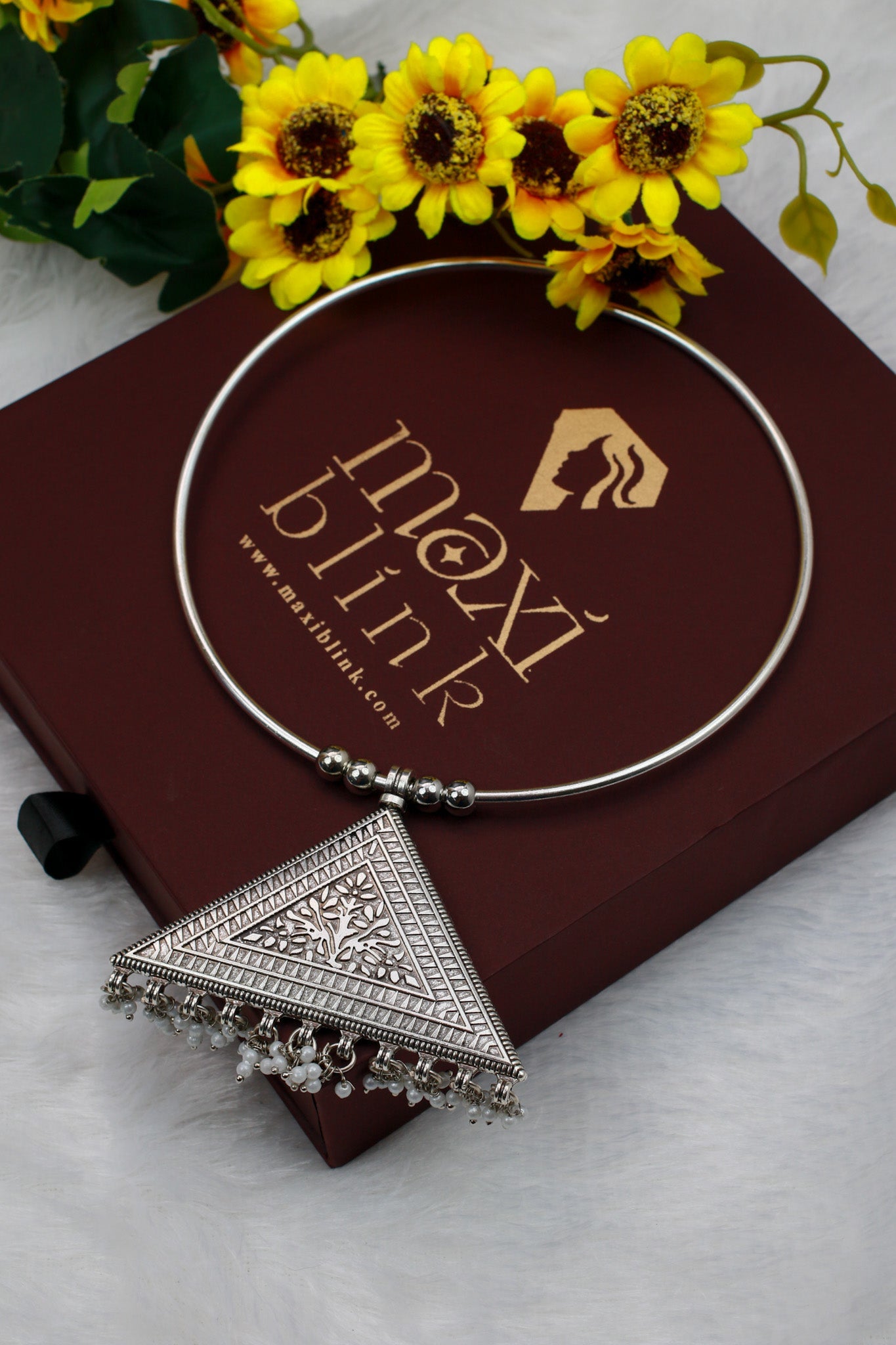 Oxidised German Silver Hansli Necklace with Triangle Mandala Design | Antique Tribal Choker - Maxiblink
