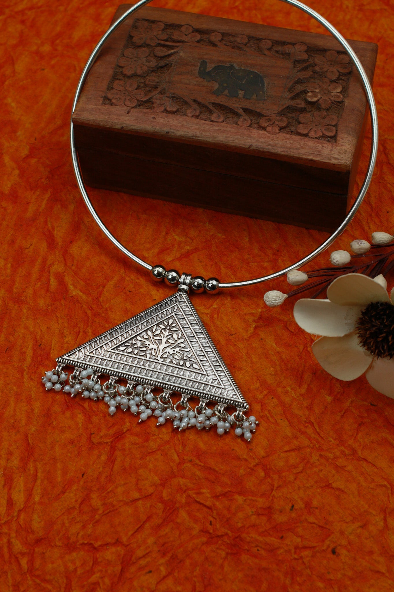 Oxidised German Silver Hansli Necklace with Triangle Mandala Design | Antique Tribal Choker - Maxiblink