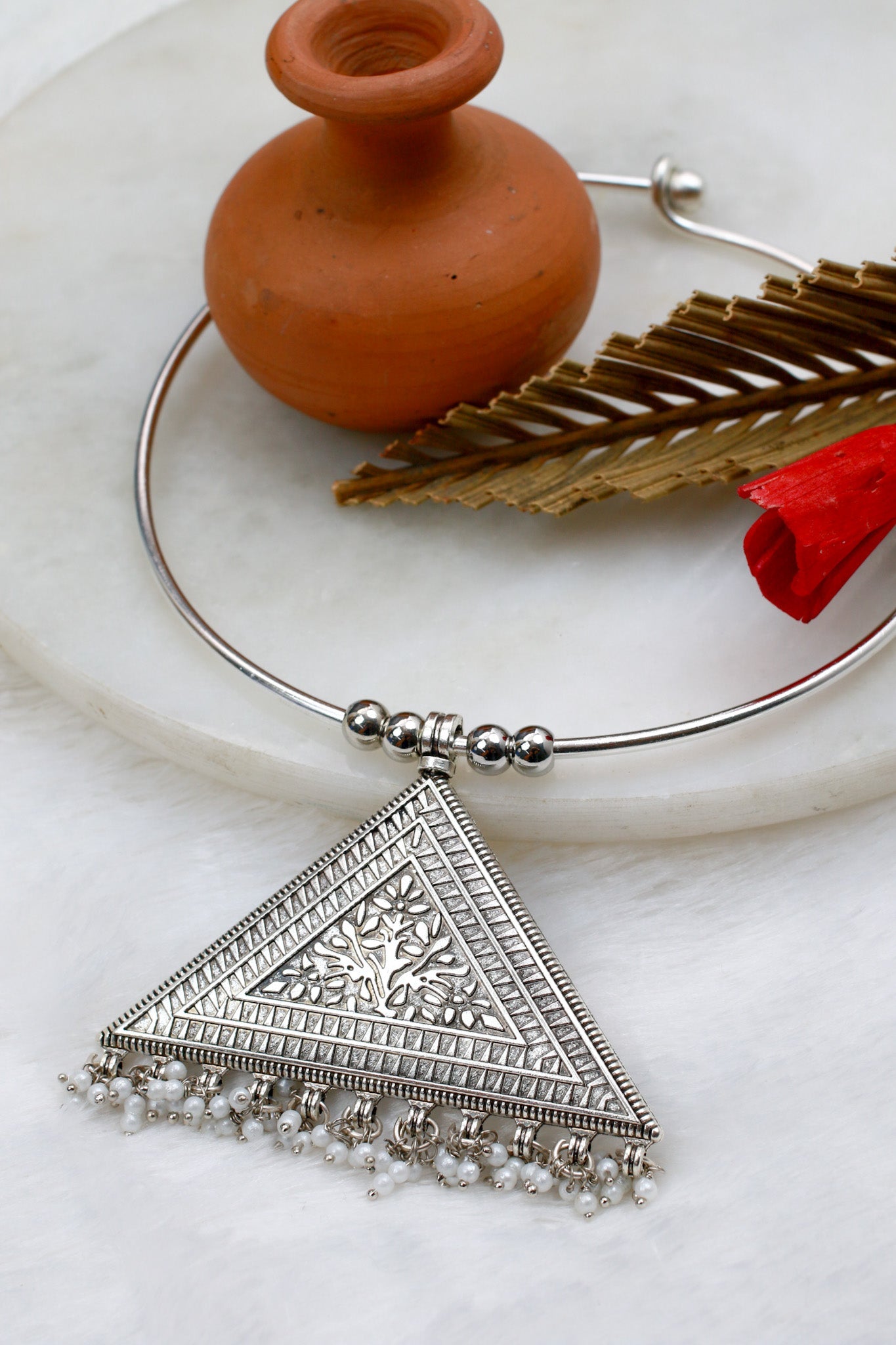 Oxidised German Silver Hansli Necklace with Triangle Mandala Design | Antique Tribal Choker - Maxiblink