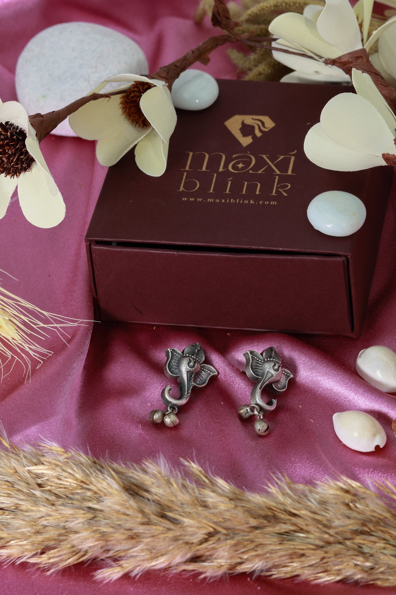 Oxidised German Silver Lotus Stud Earrings with Ghungroo Drops - Maxiblink