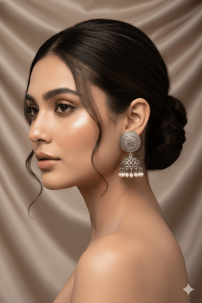 Oxidised German Silver Round Stud Earrings with Pearl Clusters - Maxiblink