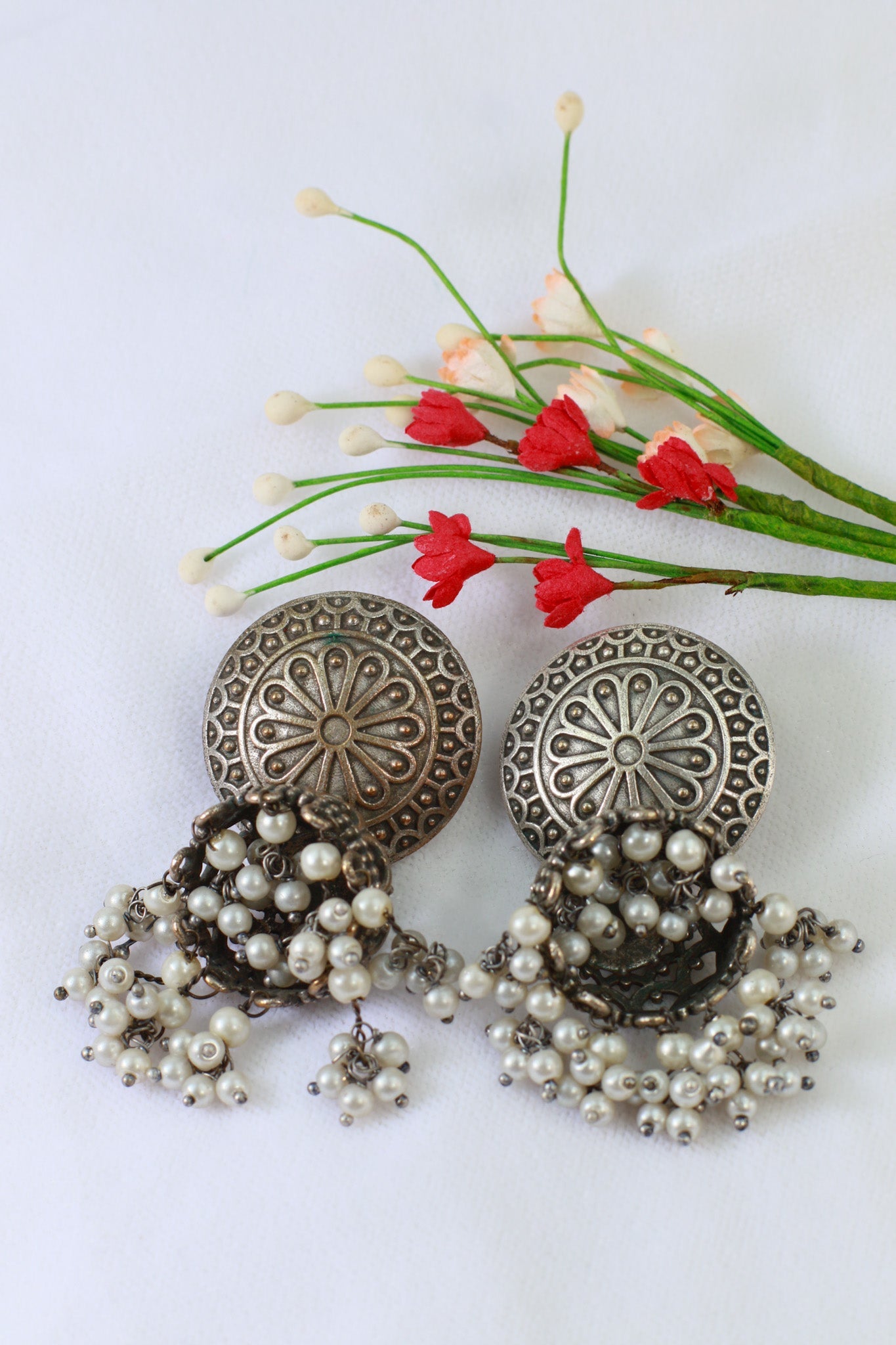 Oxidised German Silver Round Stud Earrings with Pearl Clusters - Maxiblink