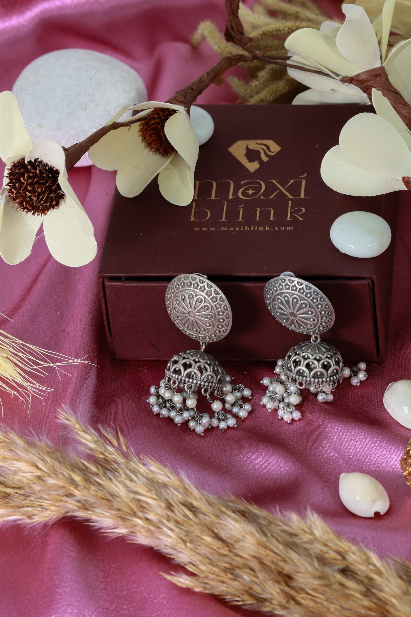 Oxidised German Silver Round Stud Earrings with Pearl Clusters - Maxiblink