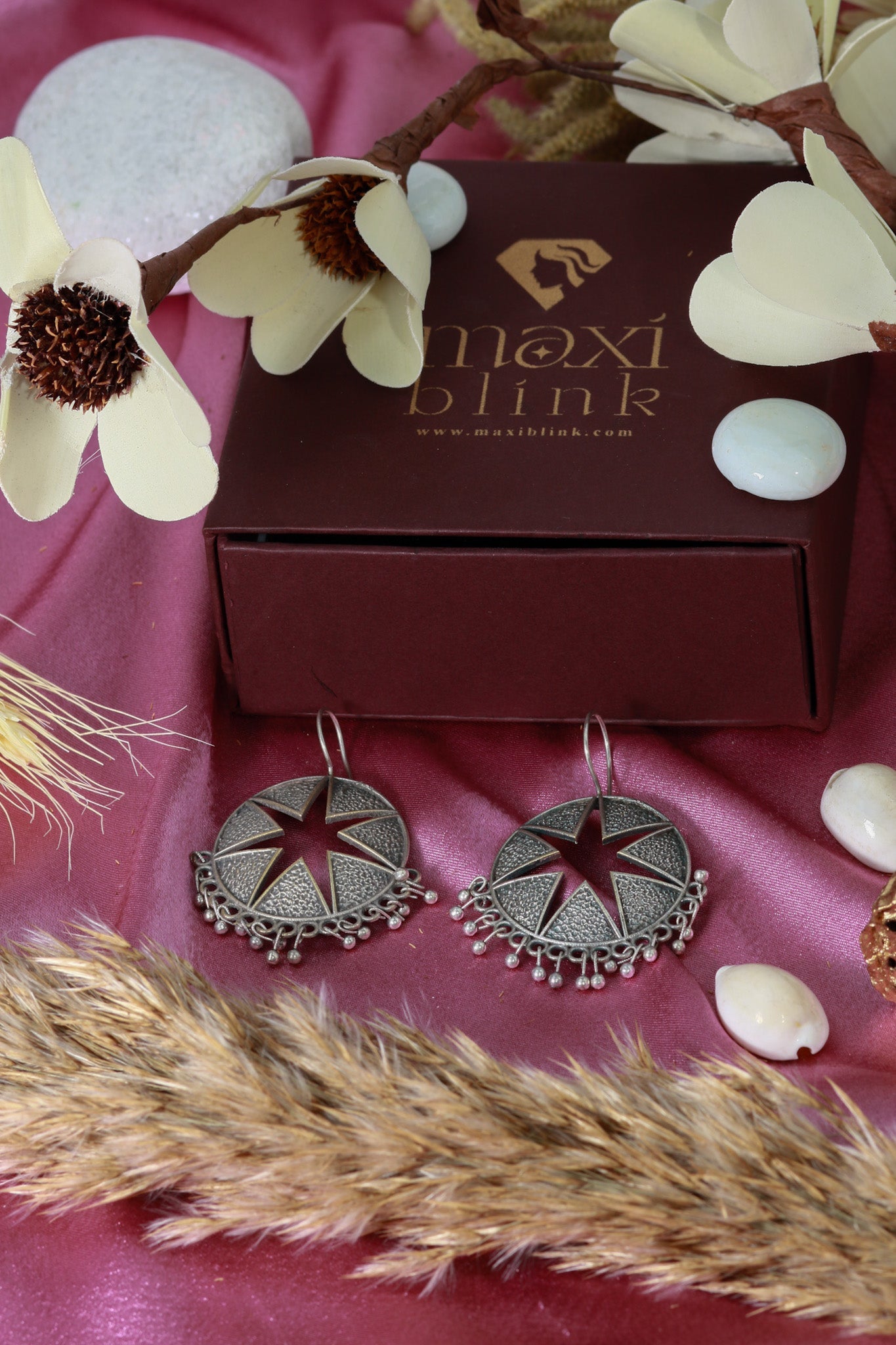 Oxidised German Silver Star Cutwork Round Hook Earrings with Bead Fringe - Maxiblink