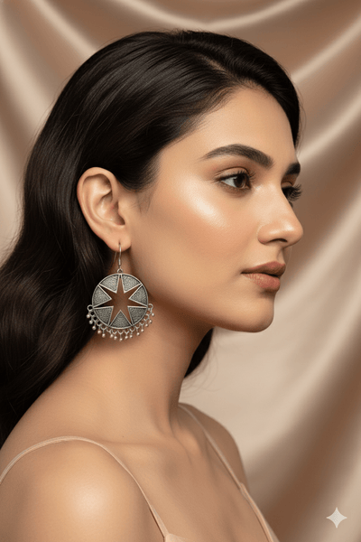 Oxidised German Silver Star Cutwork Round Hook Earrings with Bead Fringe - Maxiblink