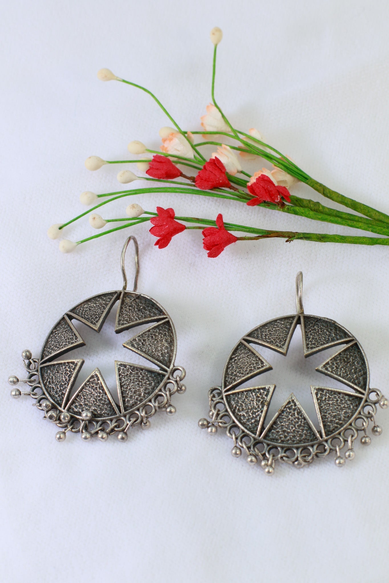 Oxidised German Silver Star Cutwork Round Hook Earrings with Bead Fringe - Maxiblink