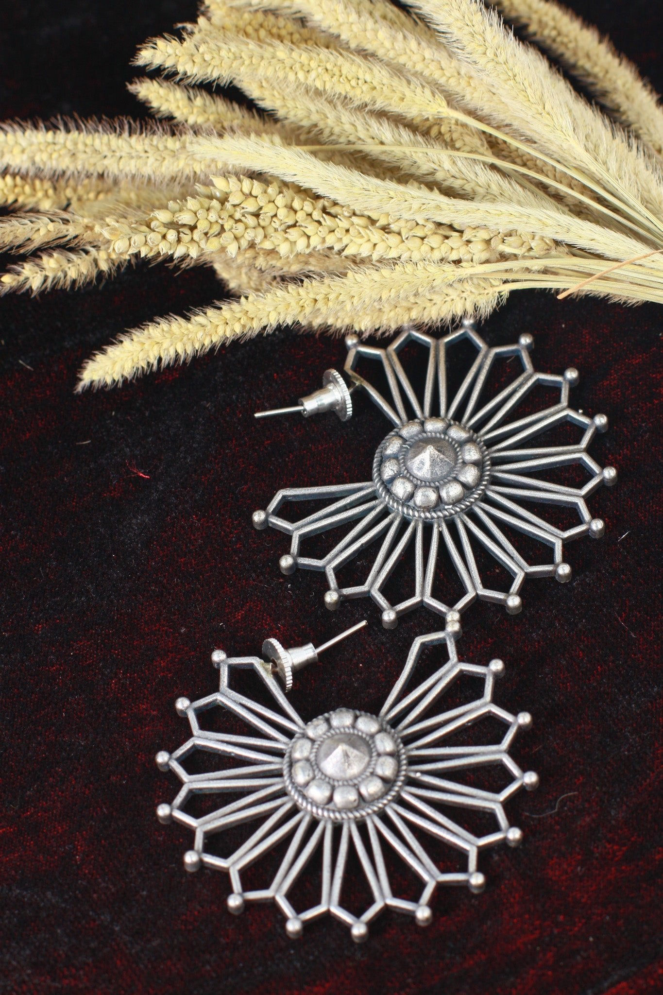 Oxidised German Silver Sunburst Statement Earrings - Maxiblink