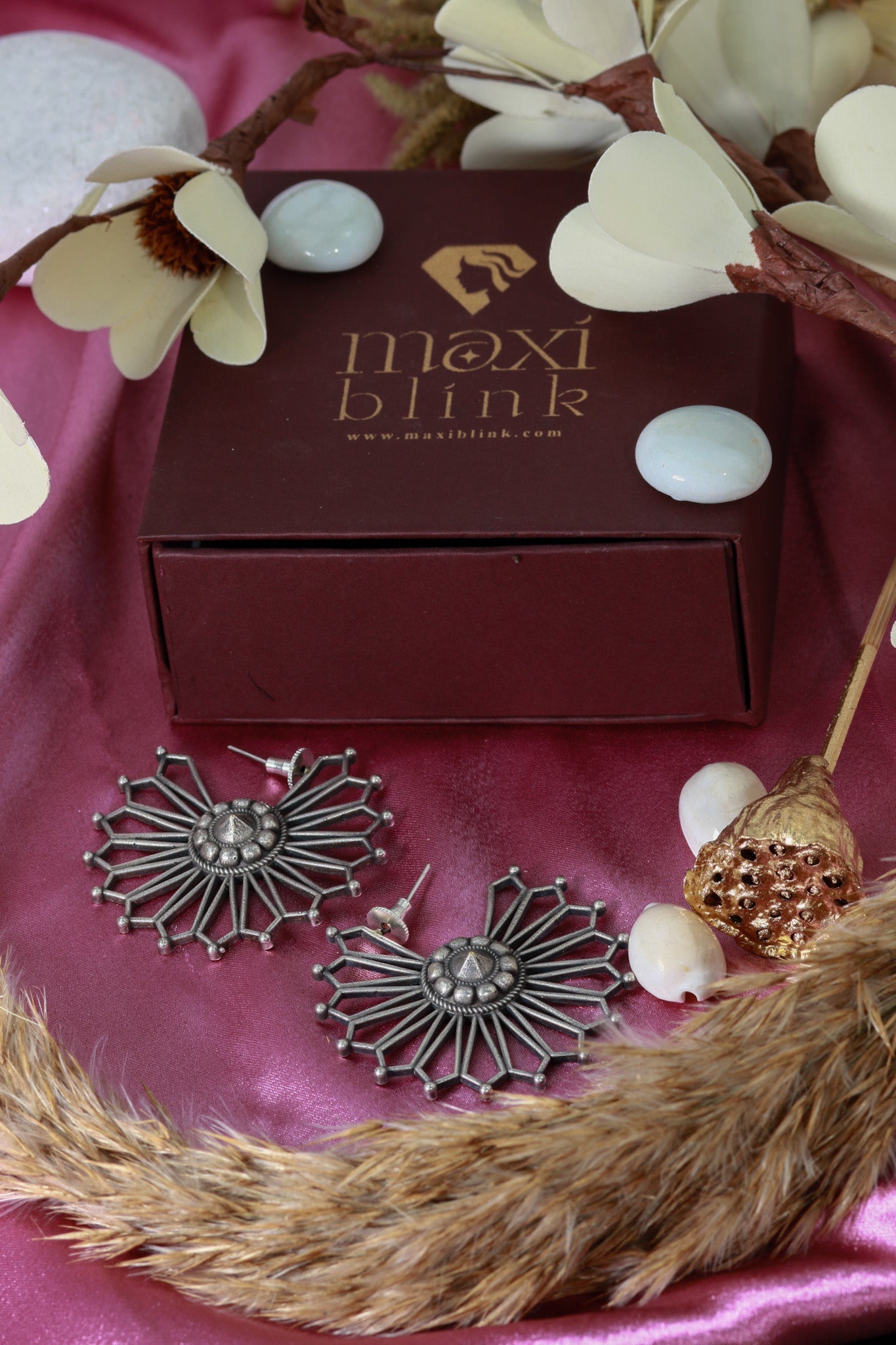 Oxidised German Silver Sunburst Statement Earrings - Maxiblink