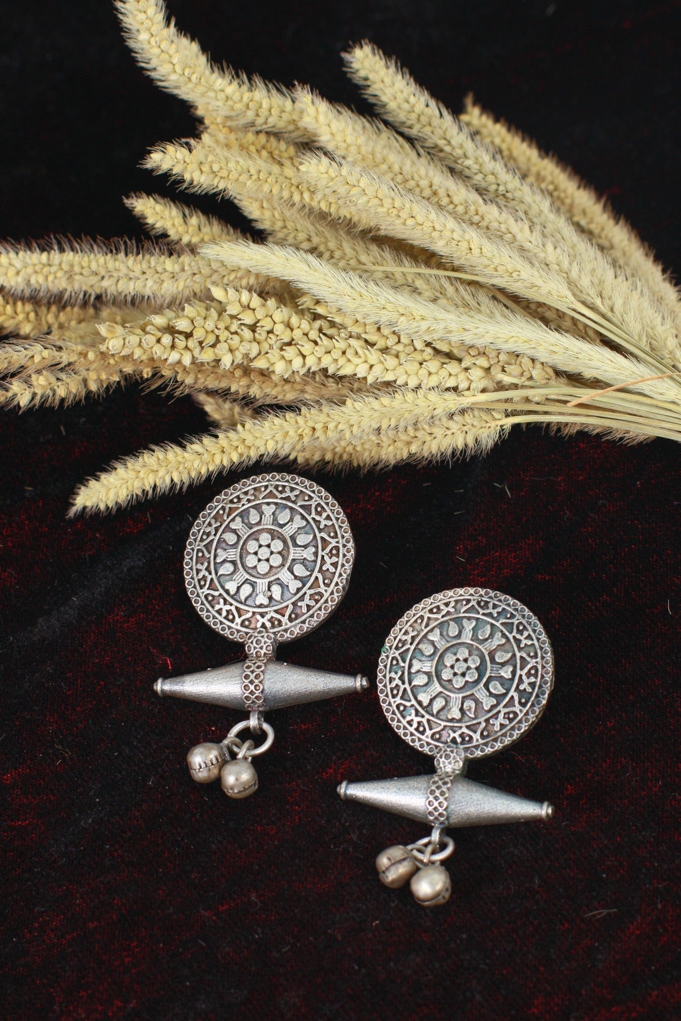 Oxidised German Silver Tribal Disc Stud Earrings - Maxiblink