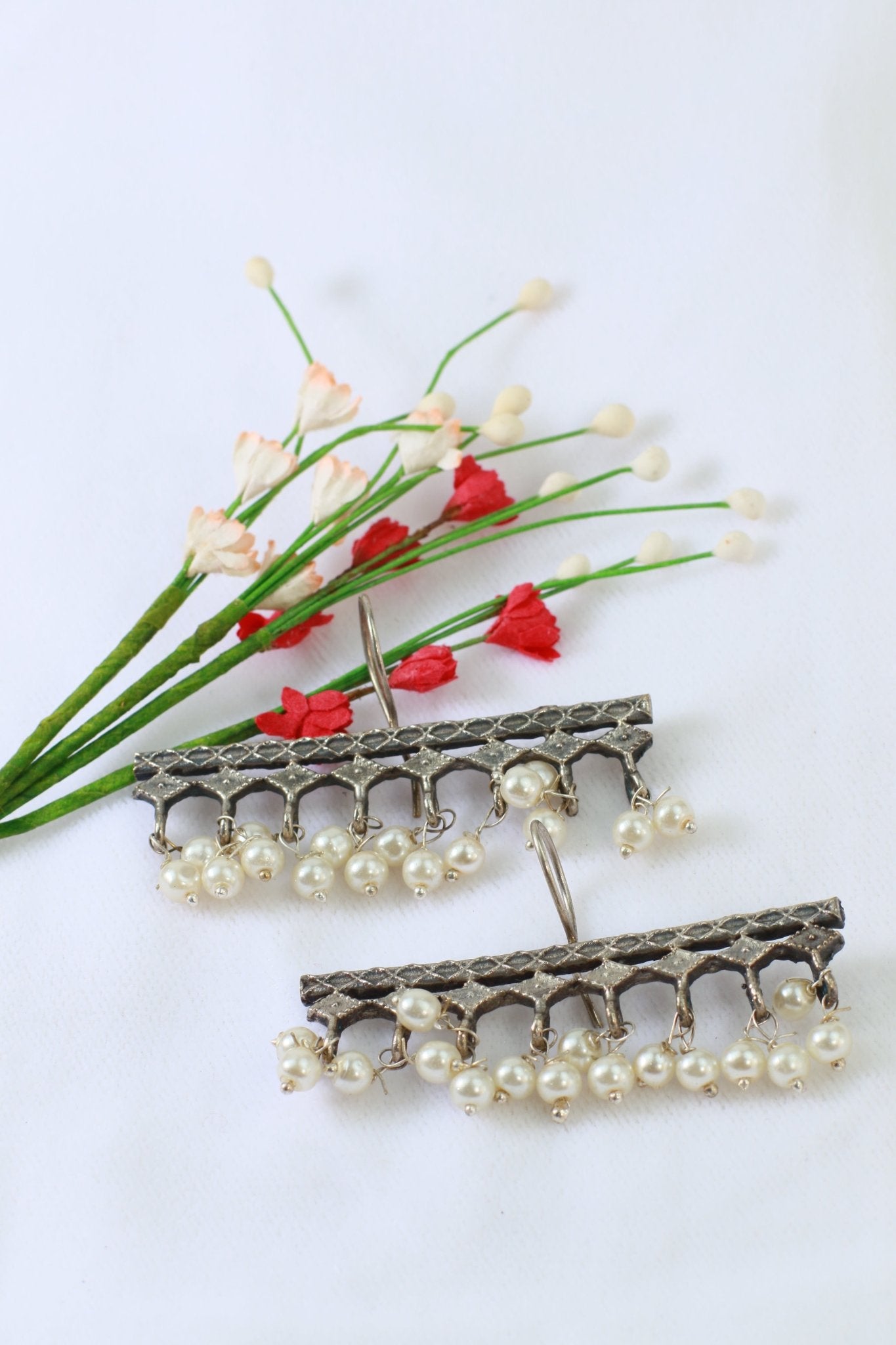 Oxidised Horizontal Pearl Bar German Silver Earrings - Maxiblink