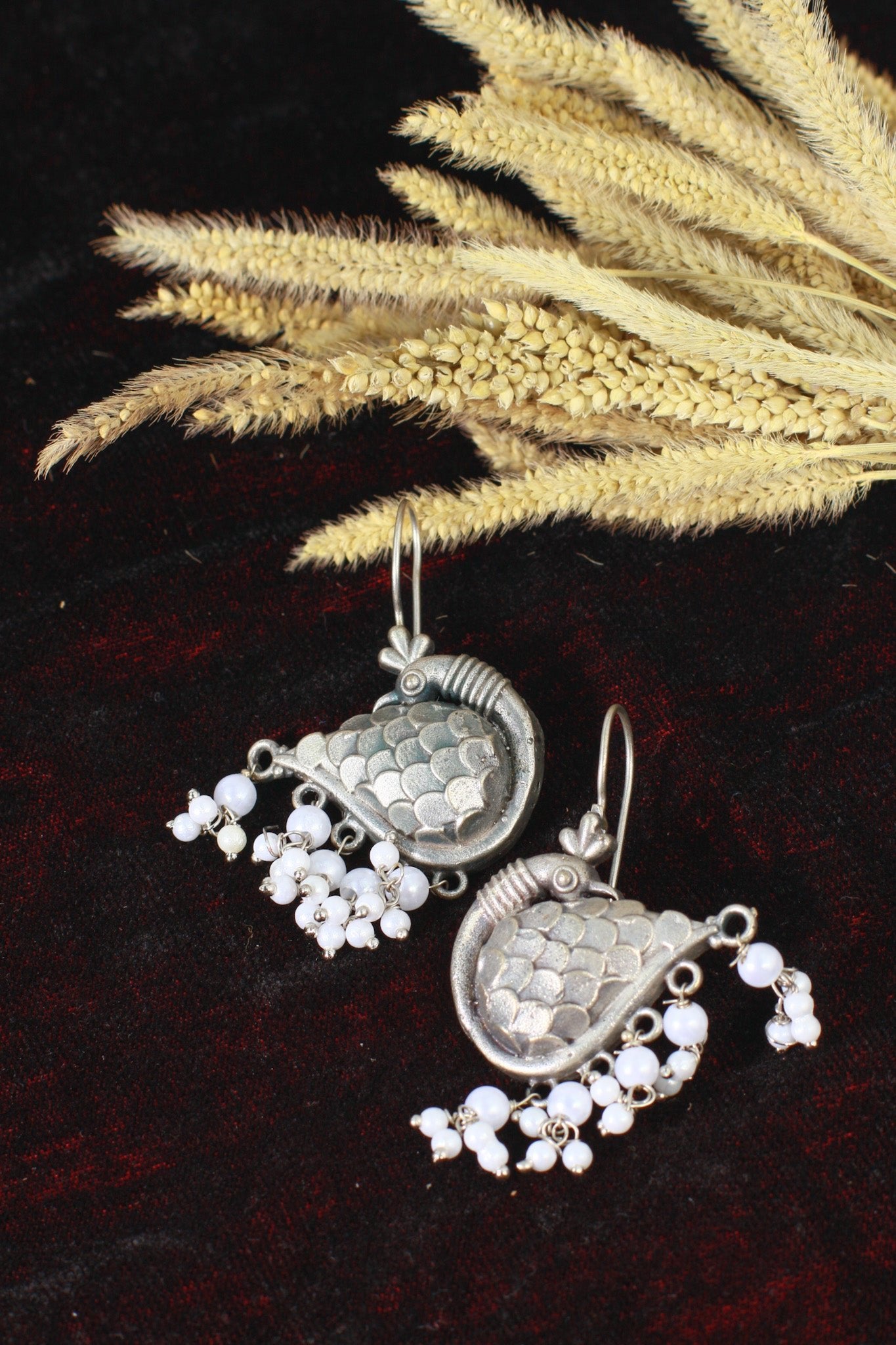 Oxidised Peacock Beaded German Silver Earrings - Maxiblink