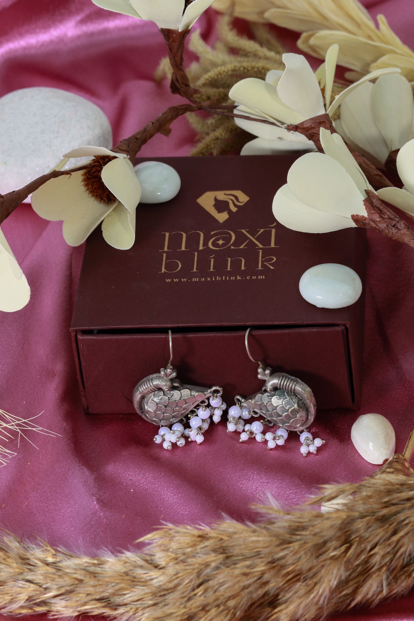 Oxidised Peacock Beaded German Silver Earrings - Maxiblink