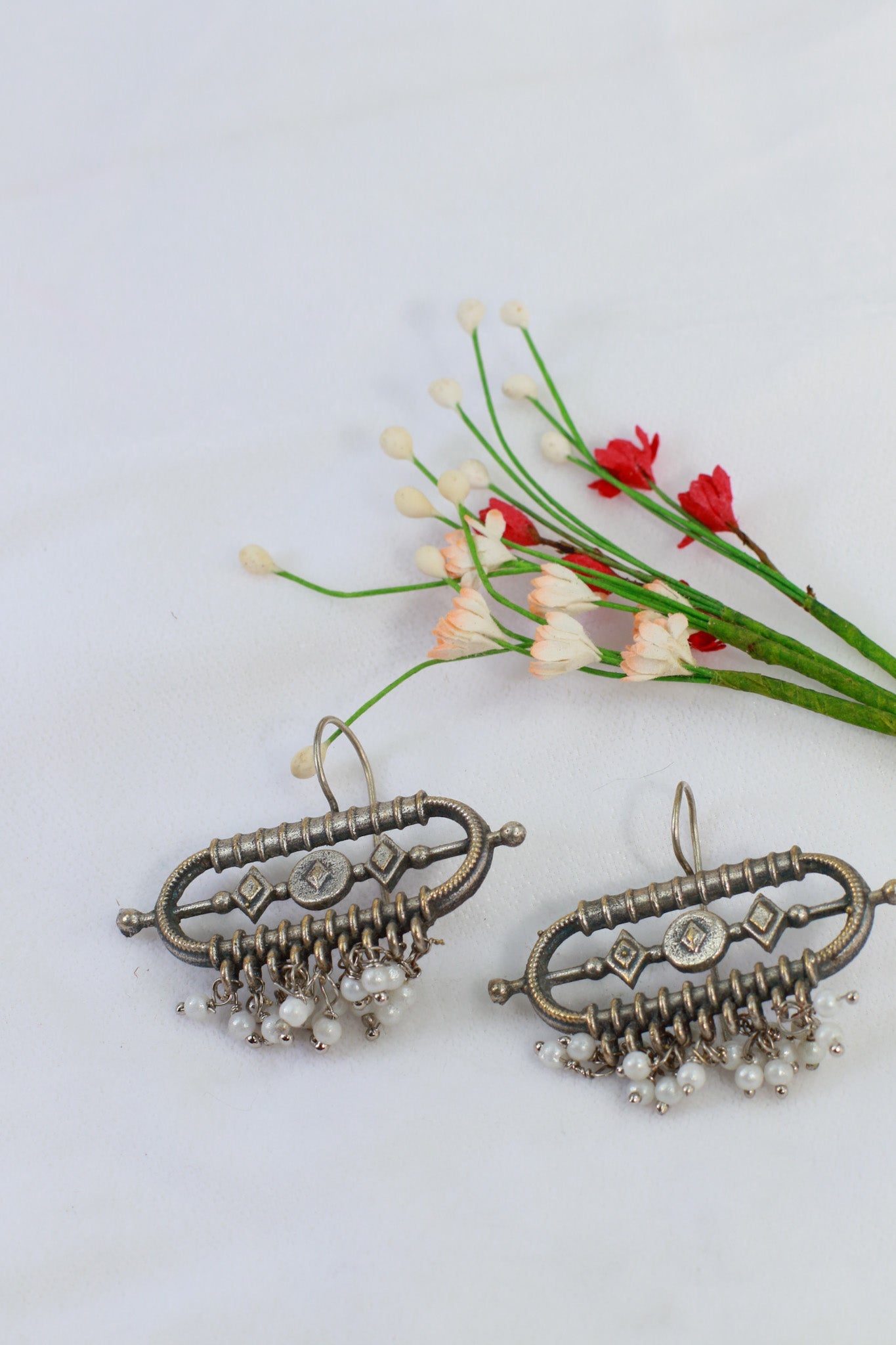 Oxidised Rectangular Pearl Drop German Silver Earrings - Maxiblink